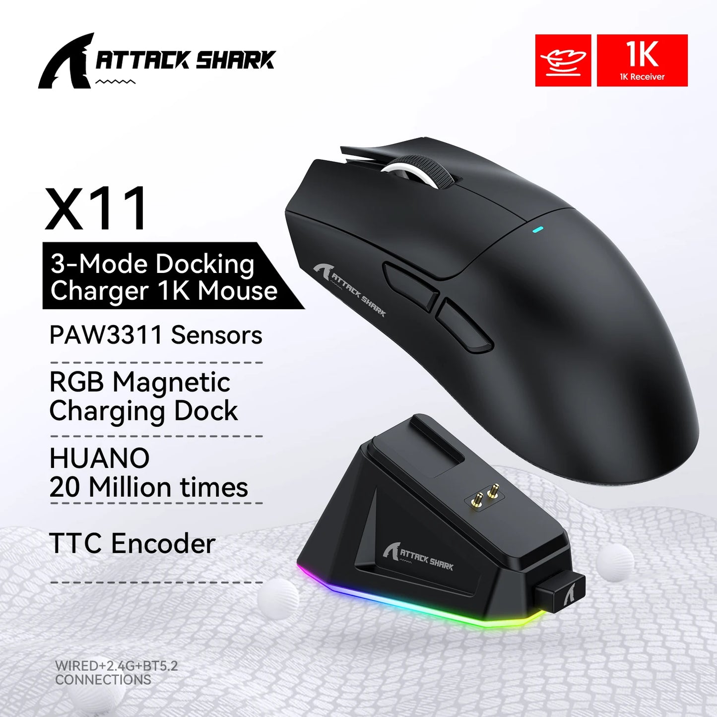 Attack Shark X11 Wireless Mouse,Tri-Mode Connection 2.4GHz/Wired/Bluetooth PAW3311 22000DPI 400IPS RGB PC Gaming Mouse