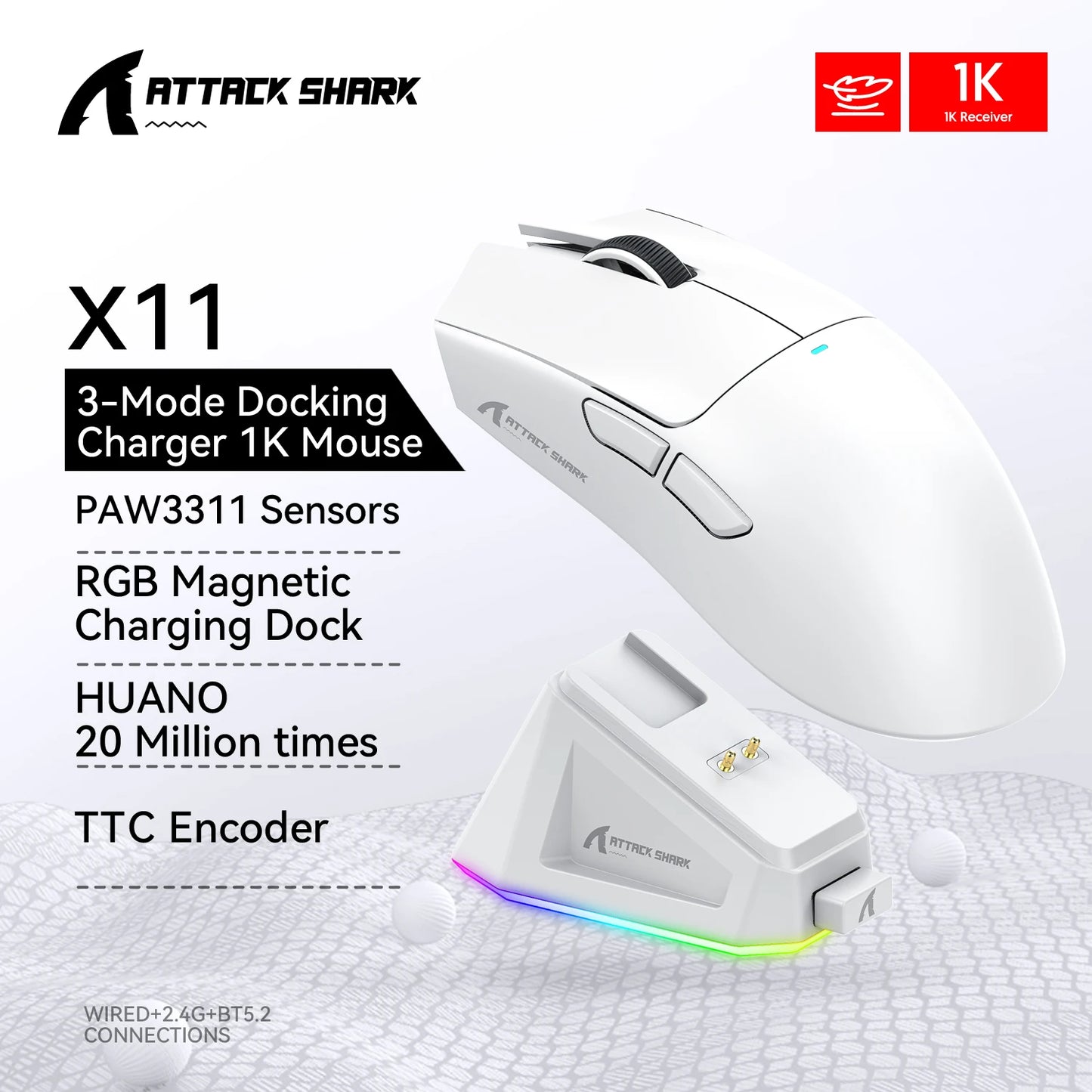 Attack Shark X11 Wireless Mouse,Tri-Mode Connection 2.4GHz/Wired/Bluetooth PAW3311 22000DPI 400IPS RGB PC Gaming Mouse