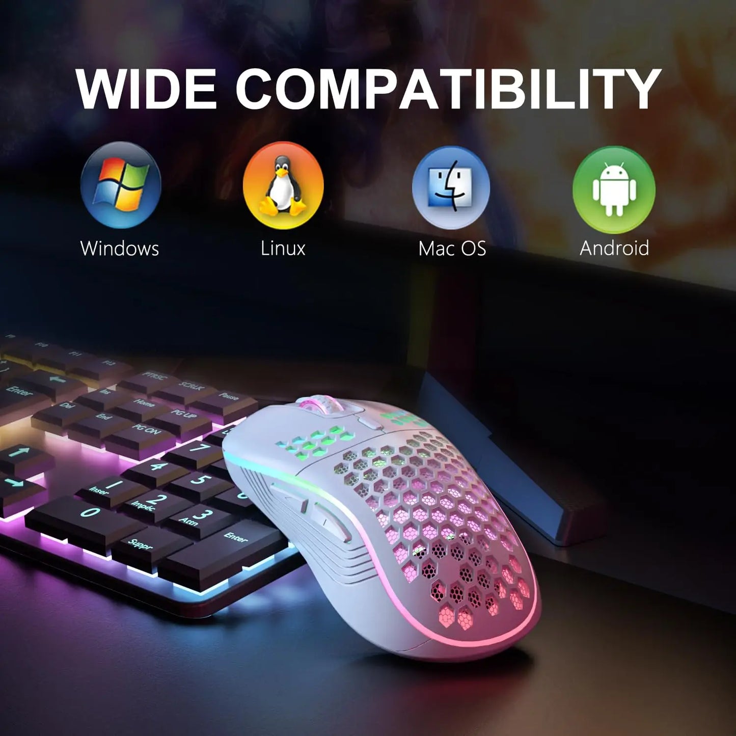 2.4G Wireless Gaming Mouse with RGB Lighting, Adjustable DPI & Ergonomic Honeycomb Design"