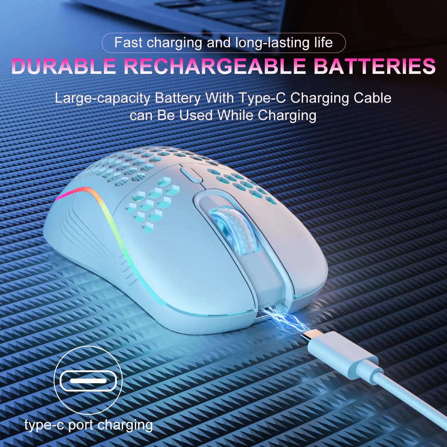 2.4G Wireless Gaming Mouse with RGB Lighting, Adjustable DPI & Ergonomic Honeycomb Design"