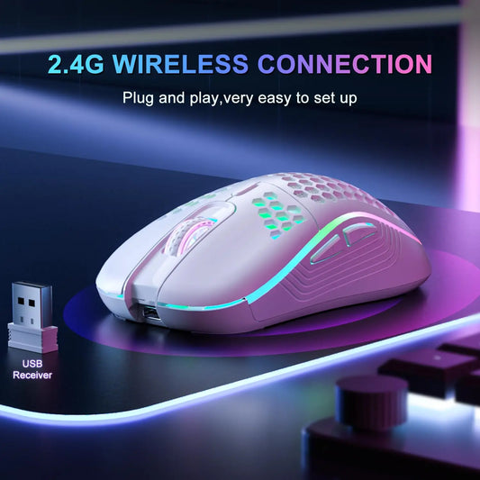 2.4G Wireless Gaming Mouse with RGB Lighting, Adjustable DPI & Ergonomic Honeycomb Design"