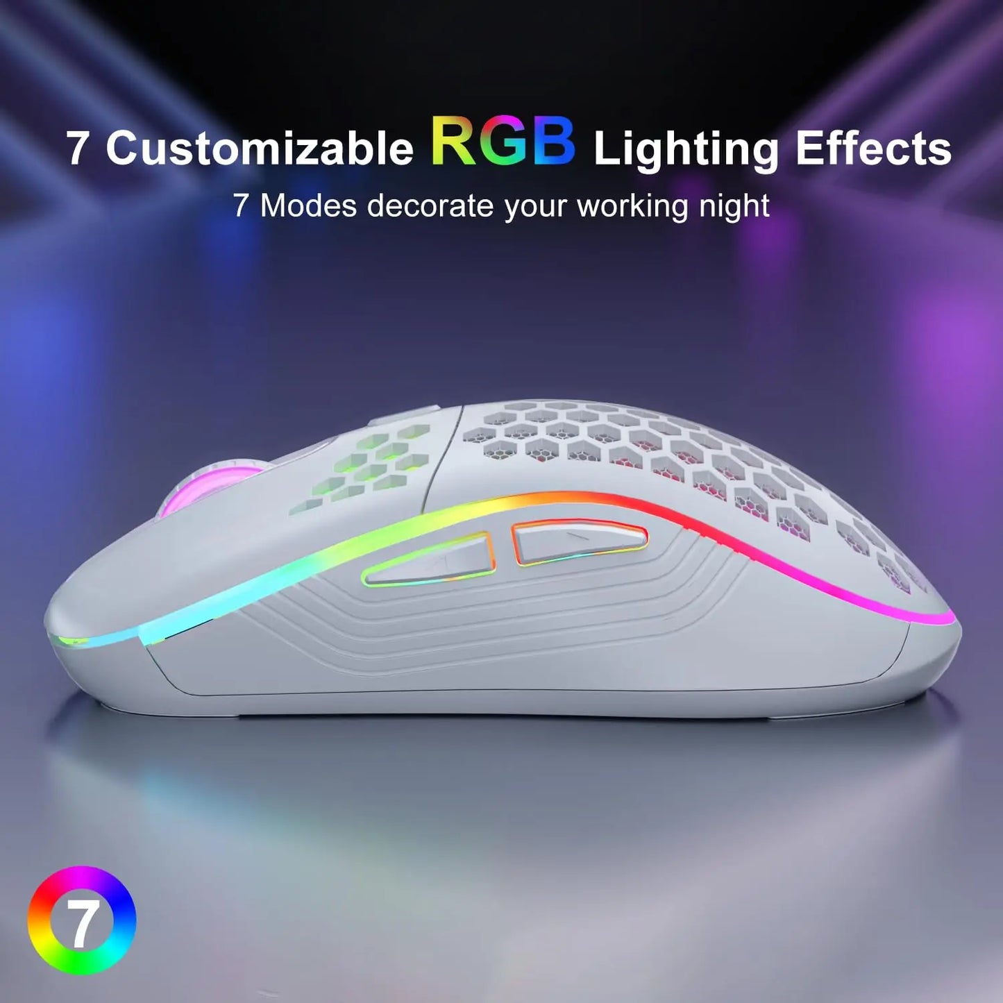 2.4G Wireless Gaming Mouse with RGB Lighting, Adjustable DPI & Ergonomic Honeycomb Design"